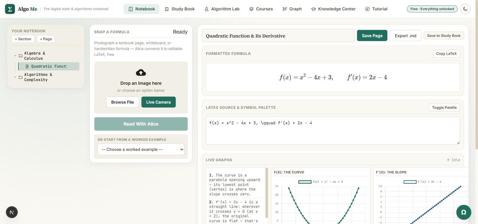 Algo Me notebook with a live LaTeX formula